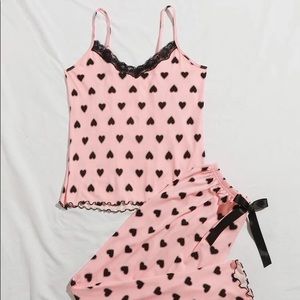 NWT Womens Lace Trim Heart Print PJ Set Pink Black Medium Valentine